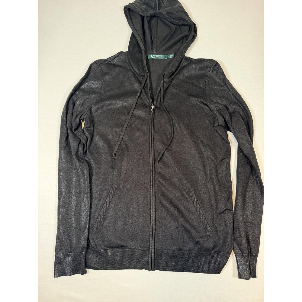 Lauren Ralph Lauren Sweater Womens Medium Black Hooded Full Zip Cardigan Knit